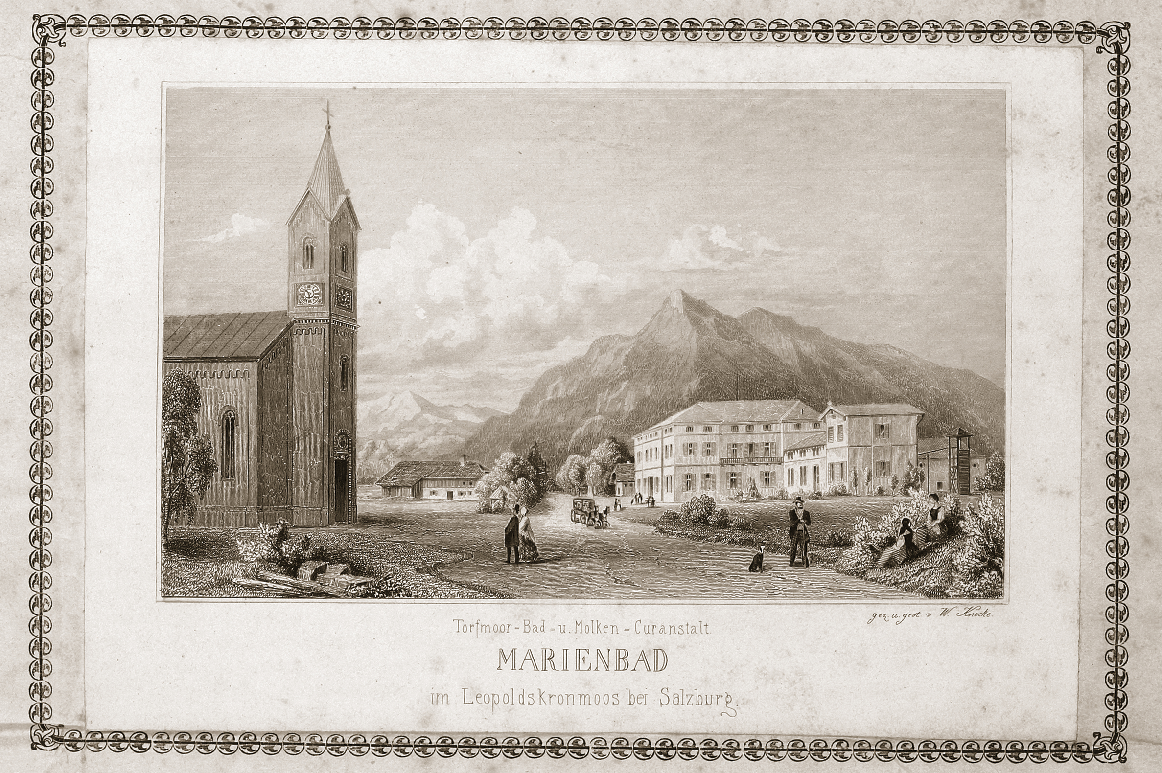 Die Pfarrkirche Maria-Hilf und das Marienbad, 1858